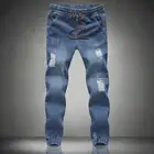 Мужские Брюки с карманами, длинные облегающие джинсовые брюки, модные мужские рваные джинсы-карандаш, цвет голубой, 2021