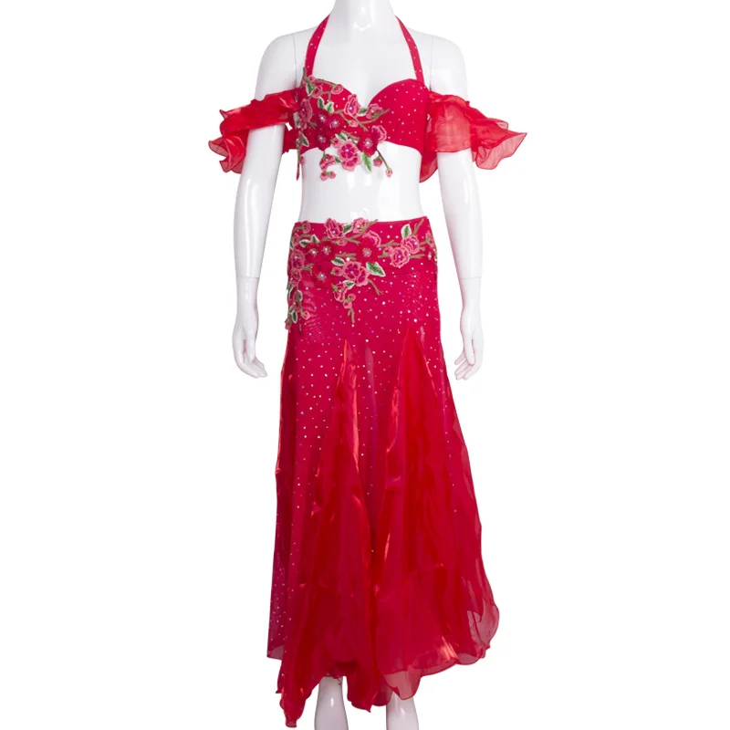 Red-3pcs set Новая взрослая женские живота Танцы костюм живота Танцы юбка для выступлений на сцене 2/3 шт. бюстгальтер, пояс, юбка дети живота одежда - Цвет: Red-3pcs set