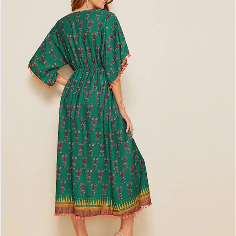 

New Fashion Vintage Women Print Maxi Dress Summer 2020 Fashion V-neck Loose Dress for Ladies