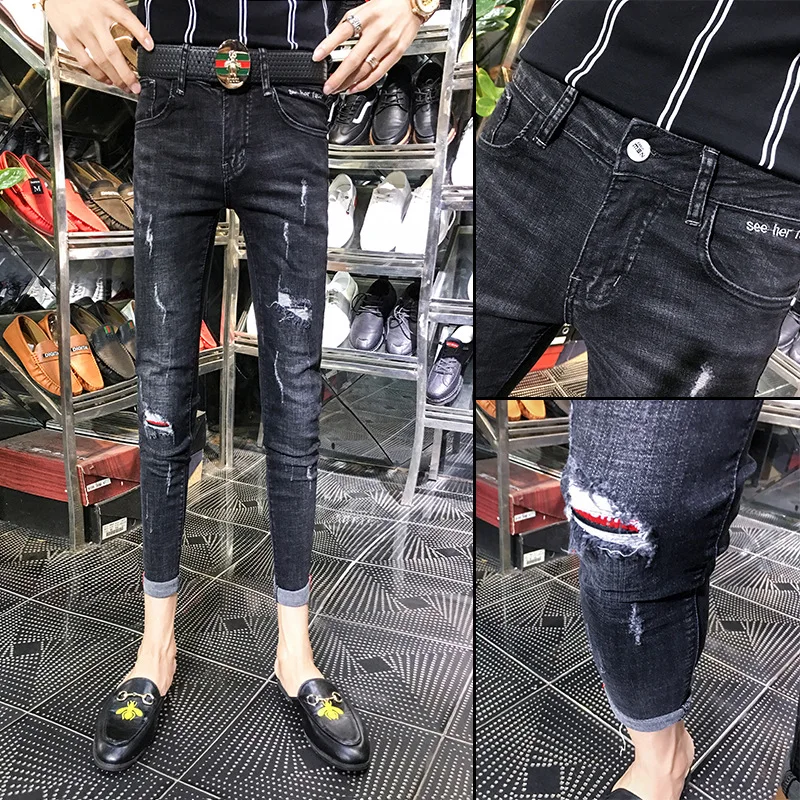 

Autumn and winter 2021 street students pants trendy men's slim feet social spirit guy skinny denim jeans for men
