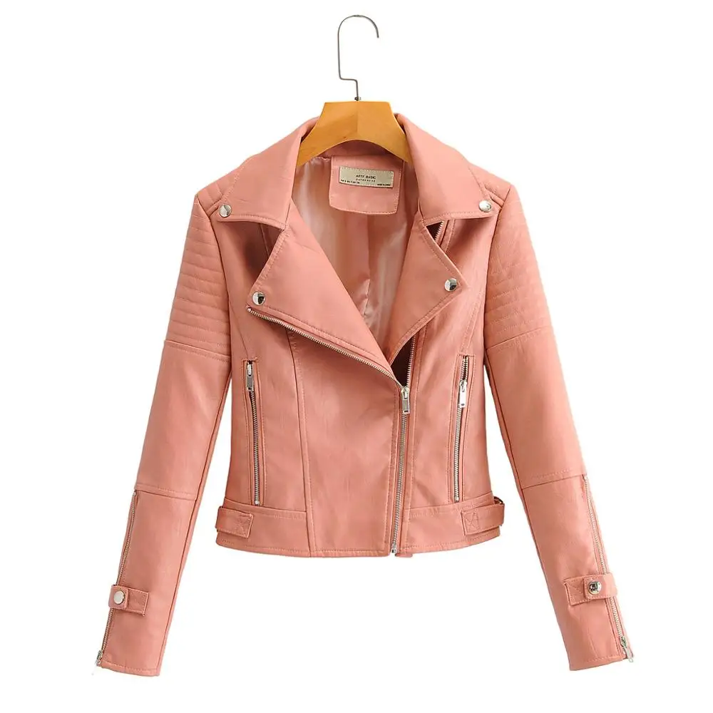 Pop Pop Fashion Women Motorcycle Faux Leather Jackets Ladies Long Sleeve Autumn Winter Biker Zippers Streetwear Black Coat Pink