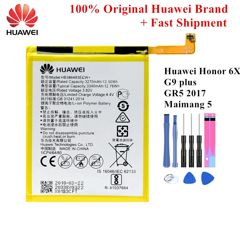 100% Оригинальный аккумулятор HB386483ECW для Huawei Honor 6X G9 plus GR5 2017 Maimang 5 3270/3340 мАч Li Ion Akku с