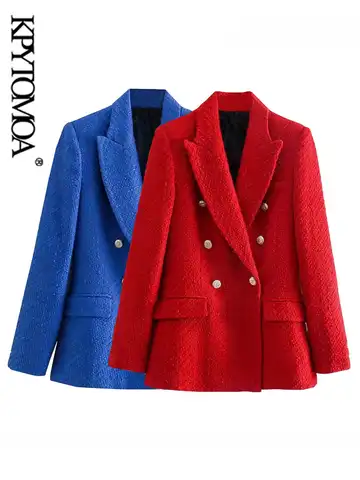 Женский твидовый двубортный пиджак KPYTOMOA, винтажный пиджак с длинными рукавами и карманами с клапаном, верхняя одежда, шикарный пиджак для ж...