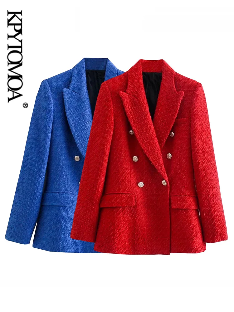 Женский твидовый двубортный пиджак KPYTOMOA винтажный с длинными рукавами и