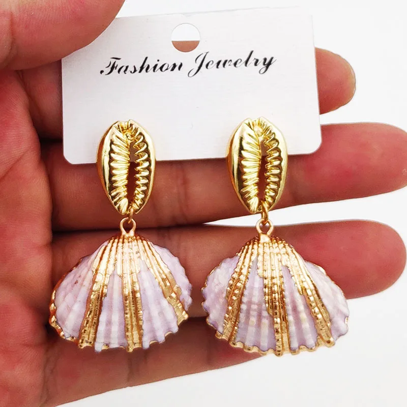 

2019 Hawaii Conch Shell Pendant Earrings Gold Bohemian Natural Sea Shell Statement Drop Earrings Maxi for Women Beach Jewelry ZA