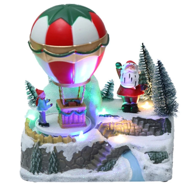 

H051 Christmas LED Lighted Snow House Decoration with Music Revolving Hot Air Balloon Animated Village Scene Xmas Ornament