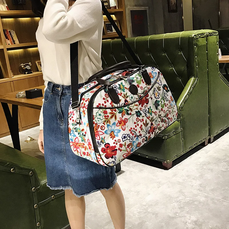Leather Women Travel Bag Handbags Portable Hand Fitness Floral Duffel Bag Waterproof Weekend Bag For Lady Fashion Bags XA218D