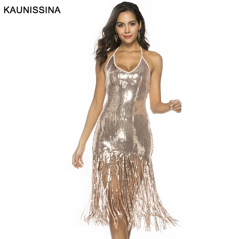 KAUNISSINA Sequin Tassel Cocktail Dresses Sexy Club Wear Party Dress Halter Strap Backless Party Gown Cocktail Dress