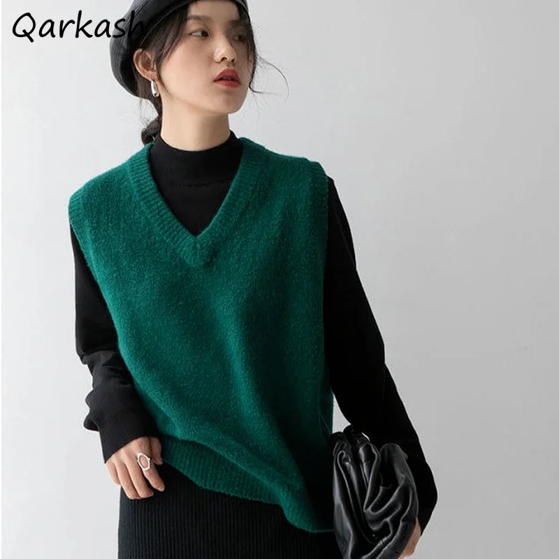 Sweaters Vest Women Korean Style Sleeveless Vintage Ins Knitting College All-match New Pure Lady Clothing Dark Green Basic Retro