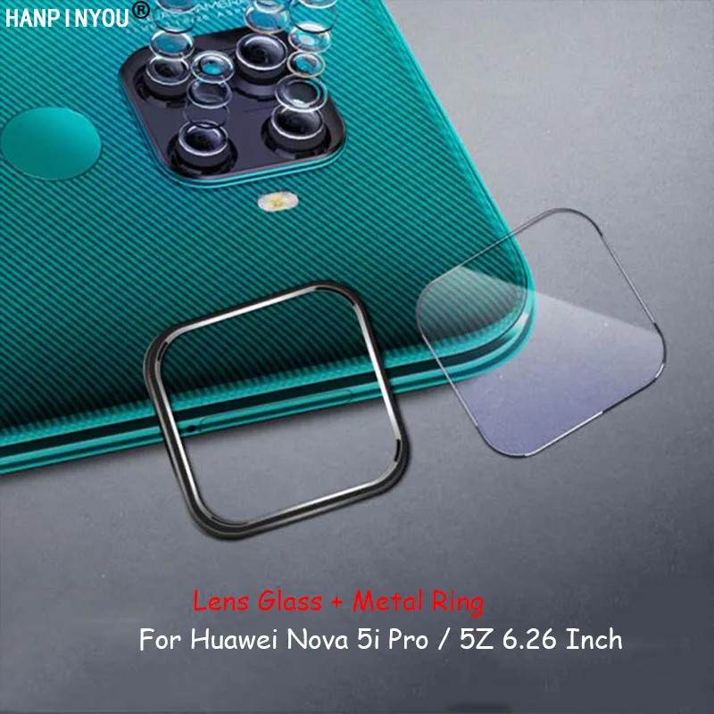 

For Huawei Nova 5i Pro / 5Z 6.26" Back Camera Metal Circle Ring Cover + Soft Ultra Thin Lens Tempered Glass Film Protector Guard