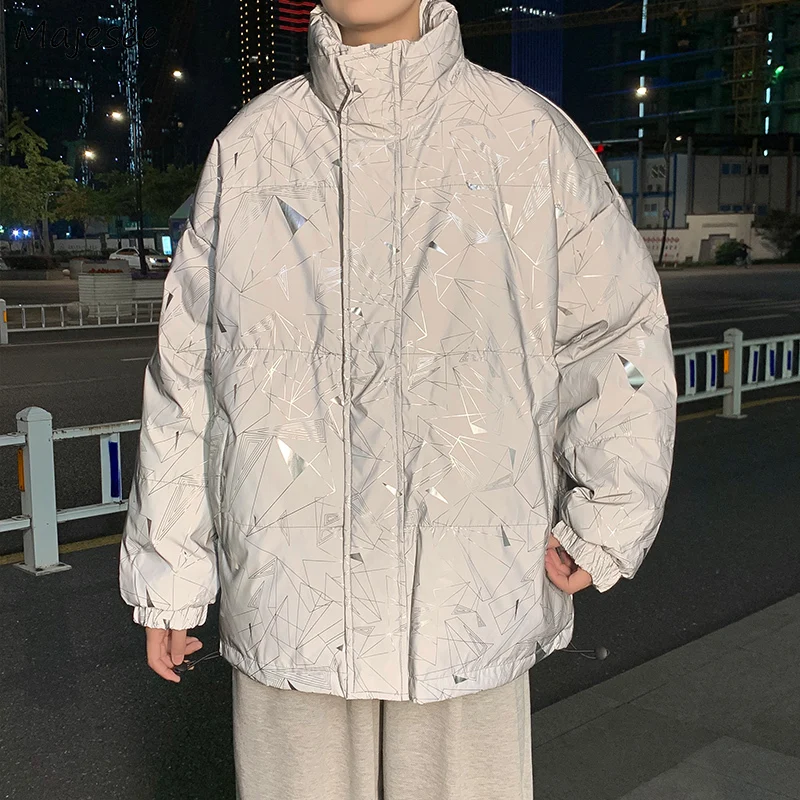 

Men Short Style Parkas Reflective Design Chic Fashion Cool Warm Coats High Street Hip-hop Loose Casual Retro All-match Ulzzang