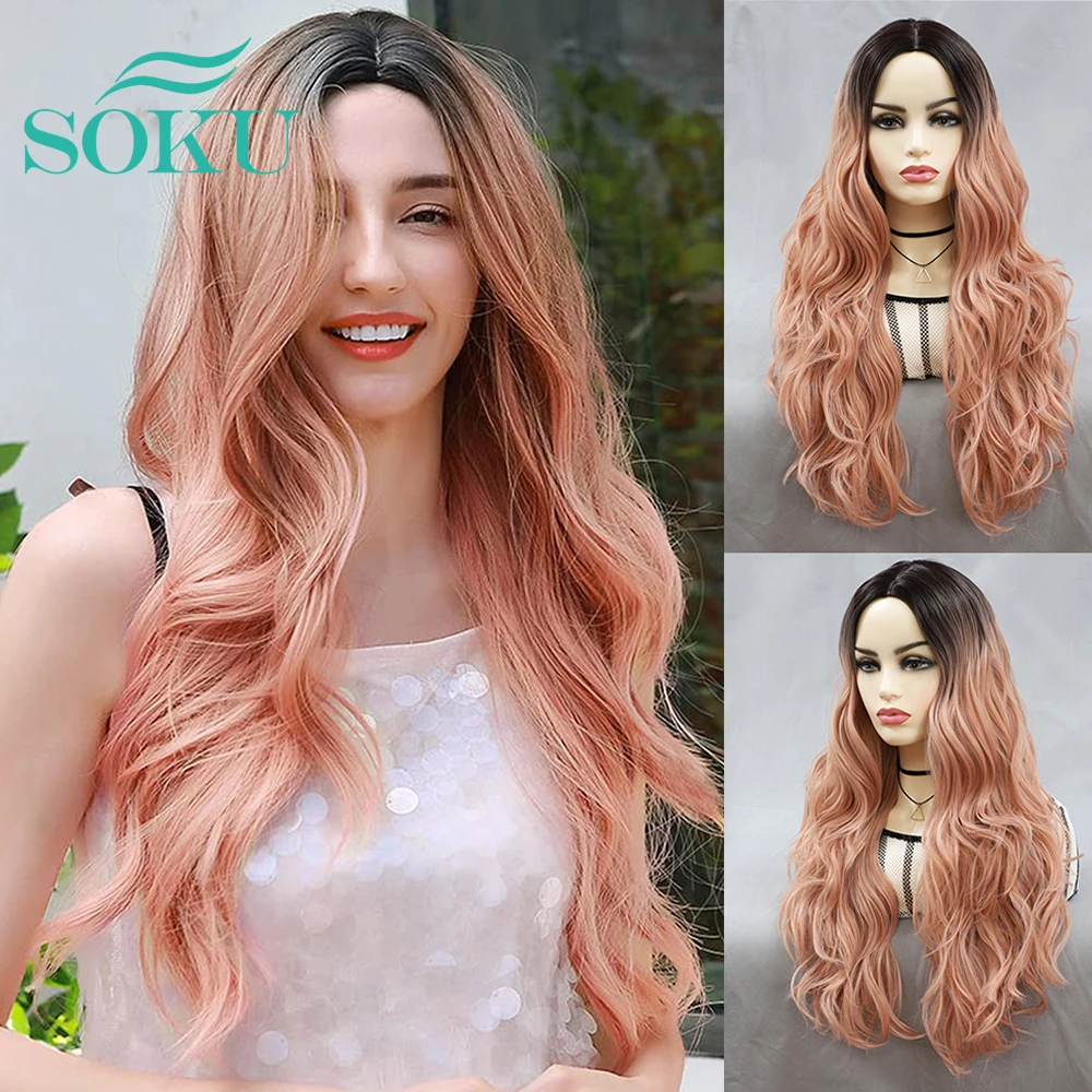 

Ombre Pink Wigs Long Natural Wavy Synthetic Wig For White/Black Women Middle Part Hairline SOKU Daily Party Cosplay Wigs