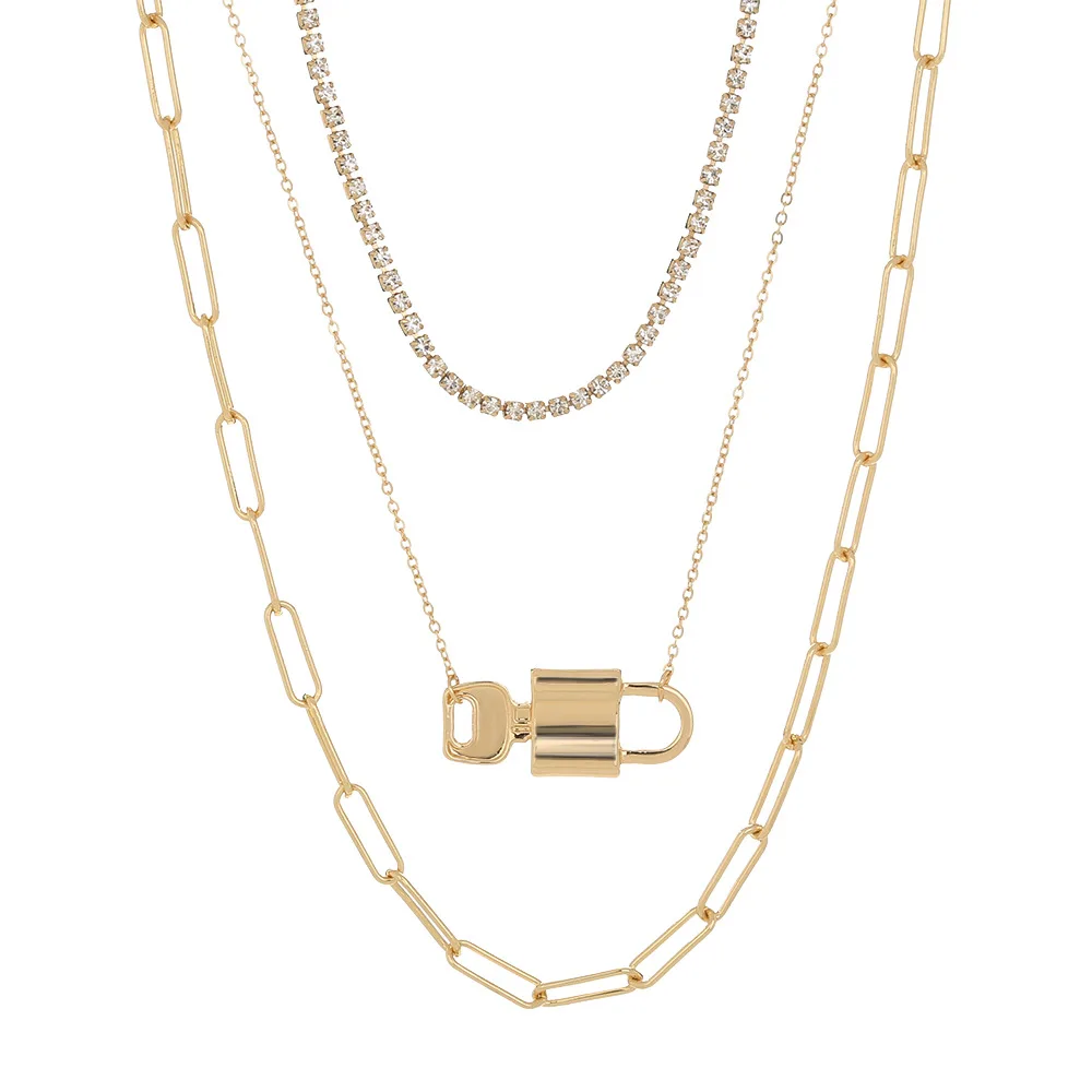 

Cross Border Hot Selling Punk Style Exaggerated Lattice Chain Hip Hop Street Racket Lock Key Metal Pendant Multi-layer Necklace
