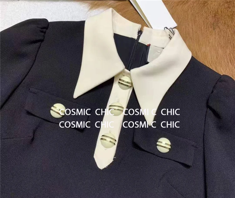 Cosmicchic женское осенне-зимнее платье с длинными рукавами и отворотами ретро на пуговицах с рукавом фонариком элегантное офисное шитый галстук платье
