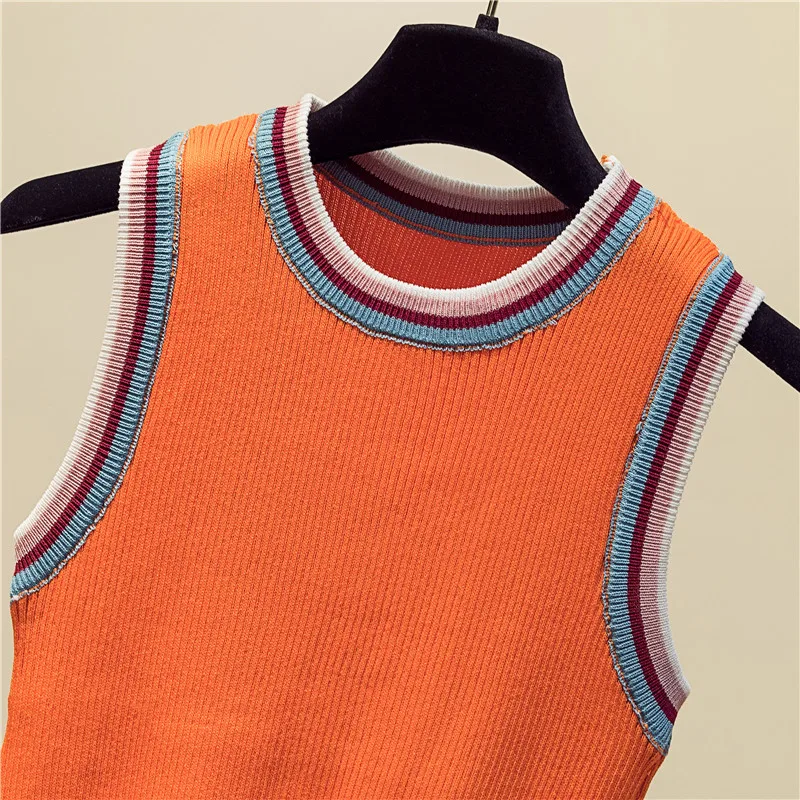 women Striped Color collision knitted vest female lady Girls suspenders waistcoats thin summer ice silk sleeveless Tank Tops