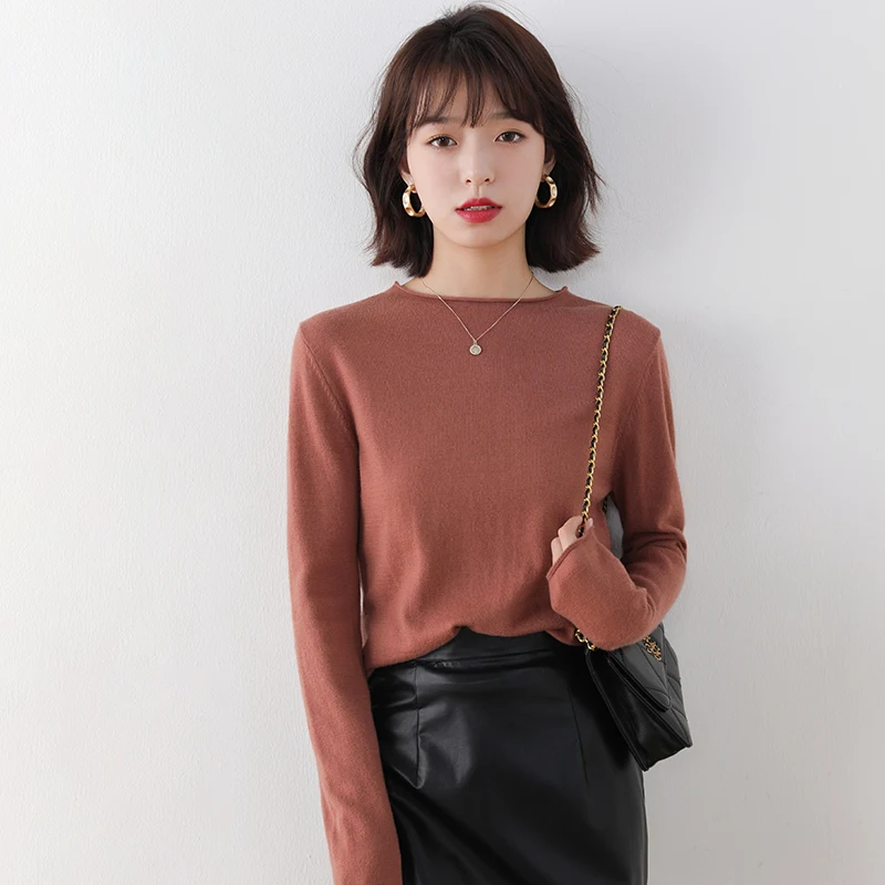 

Cashmere sweater women O-neck sweater knit solid color slim short long-sleeved pullover Korean style stretch sexy sweater women
