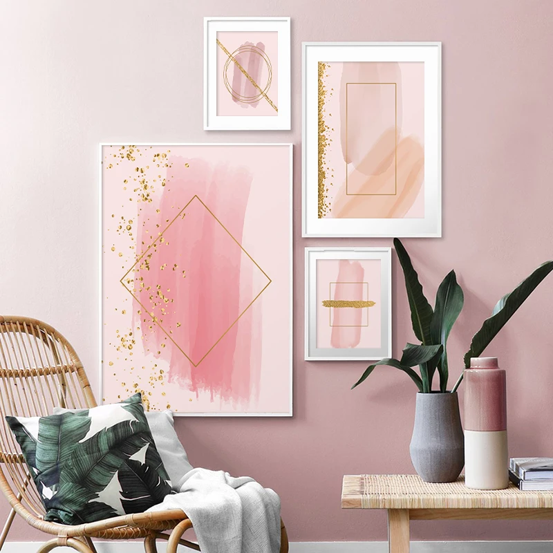 

Canvas Art Paintings Modern Abstract Gold foil Geometric Pink For Living Room Bedroom Posters And Prints Wall Posters Home Decor