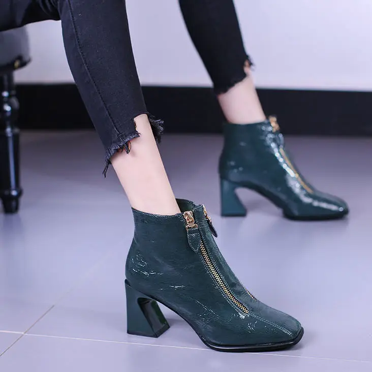 

2021 Spring and Autumn New Square Toe Leather Short Boots Women All-Matching High Heels Double Zipper Chunky Heel Martin Boots