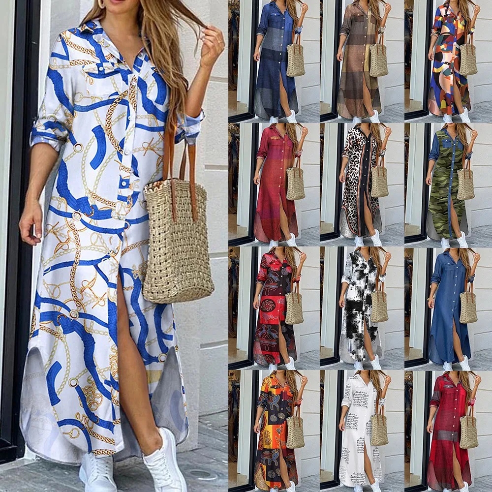 Женское длинное платье с принтом Повседневное разрезом на пуговицах весна-лето