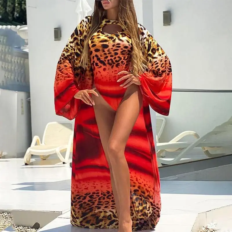

Fashion Swimsuit Leopard Print Swimwear Women Three Piece Suits Bikinis Casual Sarong 2021 Bikini Set Beach Biquini Cover Ups