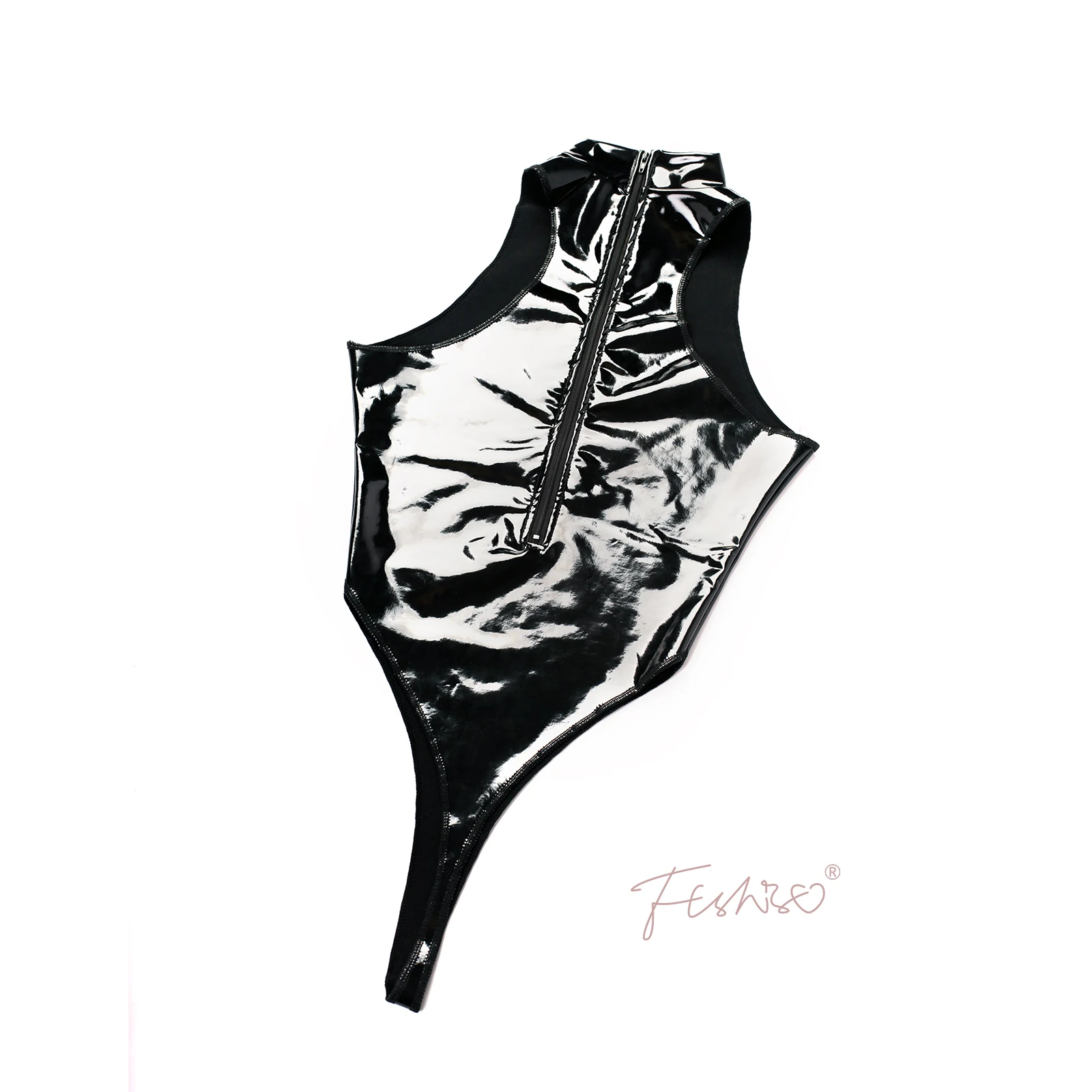 Ftshist Women Patent Leather Zipper Bodysuits One-Piece Halter Neck High-Fork String PU Leather Swimsuit Fetish Shaper Body Top