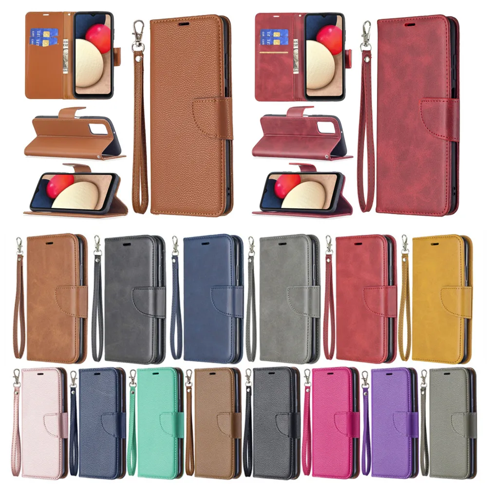 

PU Leather Case for Samsung Galaxy A03S Wallet Case for Galaxy A03S Flip Cover Solid Color Card Hoder Stand Coque with Lanyard