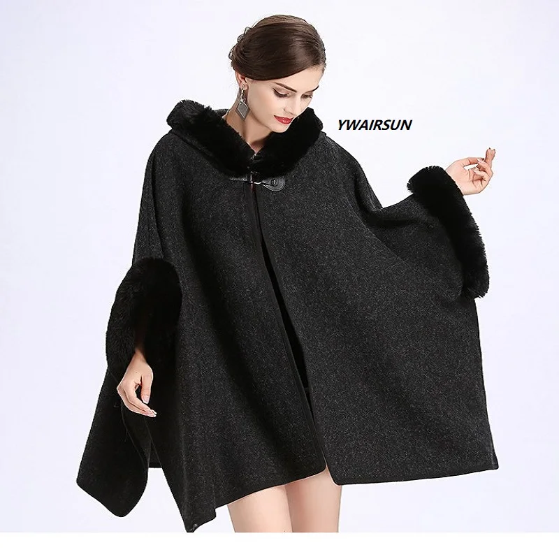 

YWAIRSUN FemmeWinterWarm New Plus Size Women's Wool Cardigan Imitation Fur Cape Fashion Solid Poncho With Fur Sleeves Hat Mujer