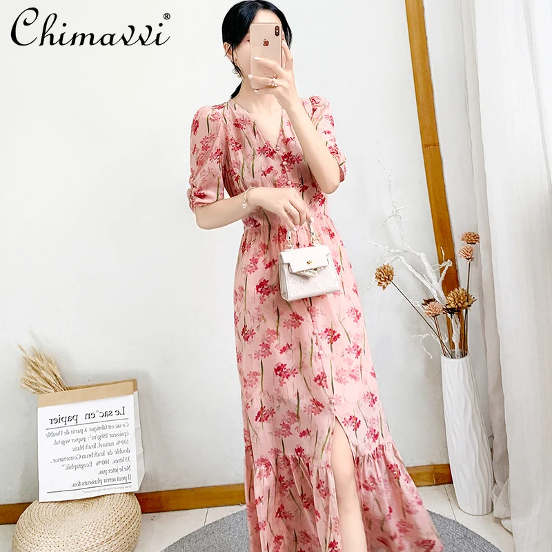 

2021 Women's Summer Chiffon Floral Dress Puff Sleeve Waist Slimming Long Dress Female Vacation Beach Maxi Dress