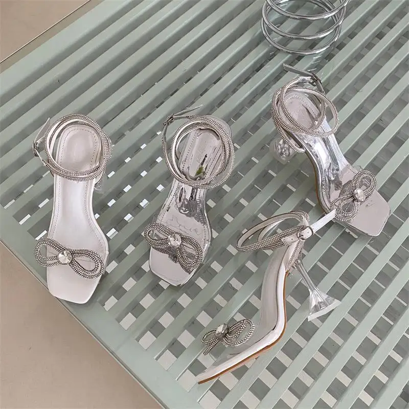 

European and American Rhinestone Heel Women's Sandals Square toe Narrow Band Strap High Heels Sandals Summer Women Size 35-41
