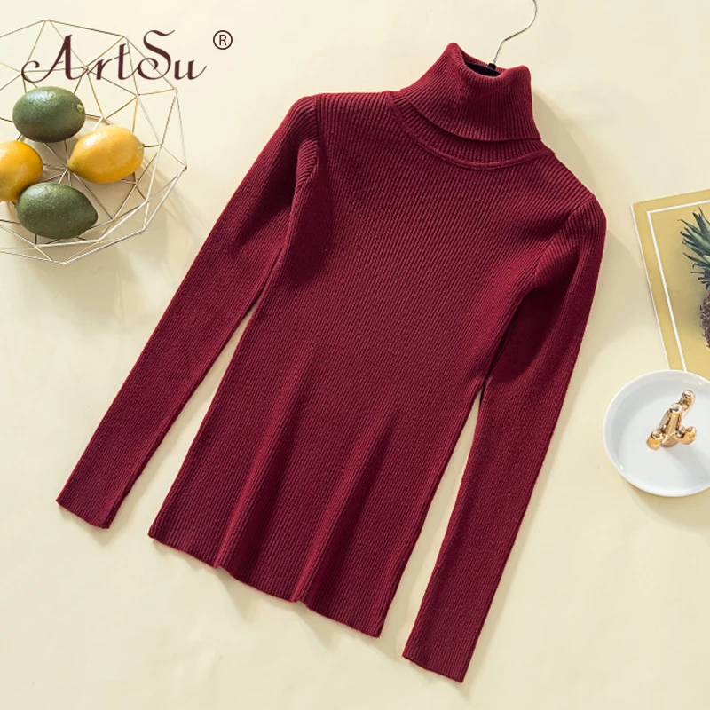 

ArtSu All-Match 2019 Autumn Winter Women Knitted Top Turtleneck Sweater Casual Soft Black White Pullover Jumper Femme Elasticity