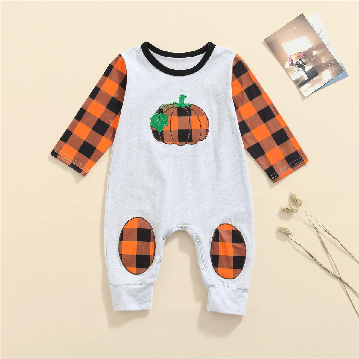 

Комбинезон для мальчиков, с длинным рукавом, круглым вырезом и принтом в клетку, весна-осень, 2021