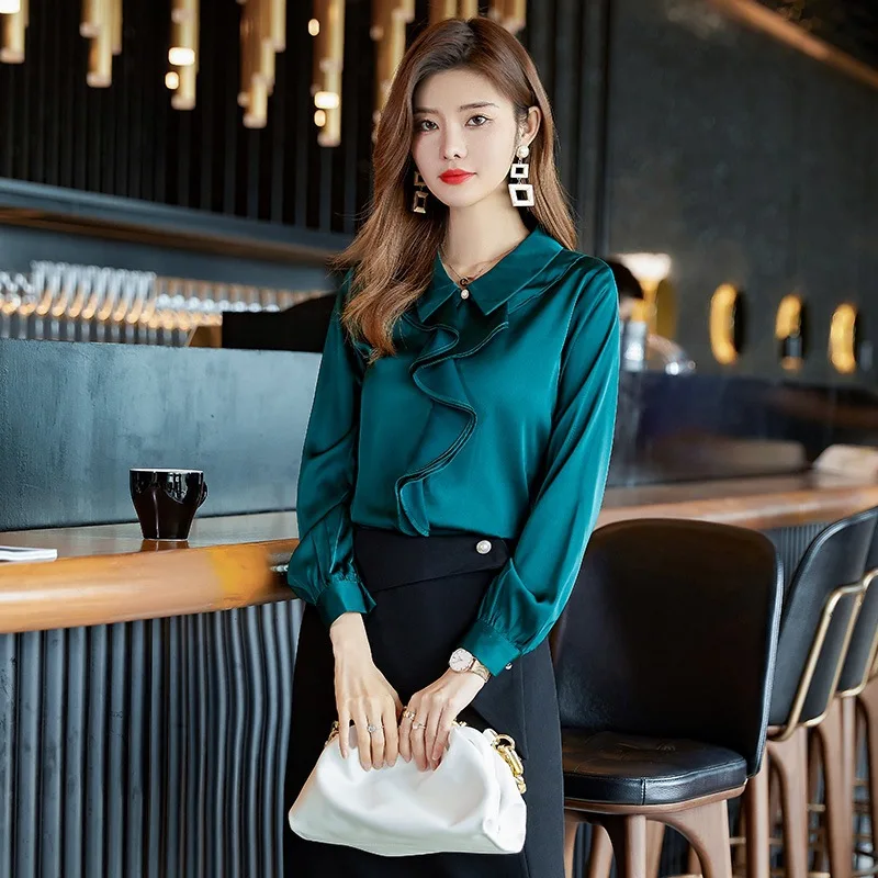 Корейская шелковая голубая рубашка с длинным рукавом 2021 осенние женские