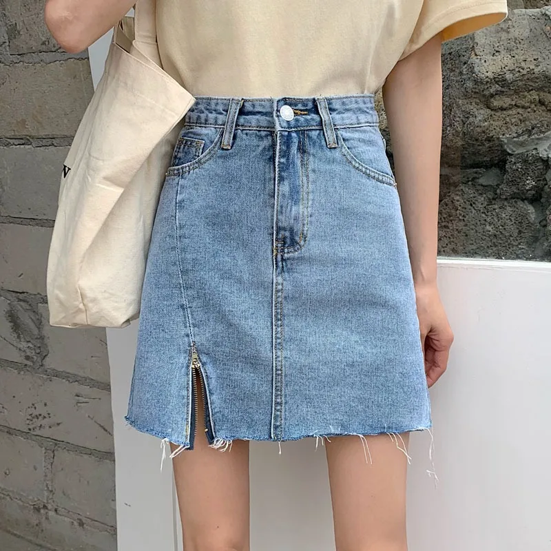 

Новинка 2020, ассиметричная юбка с разрезом на бедрах, юбка А-силуэта, джинсовая юбка с высокой талией