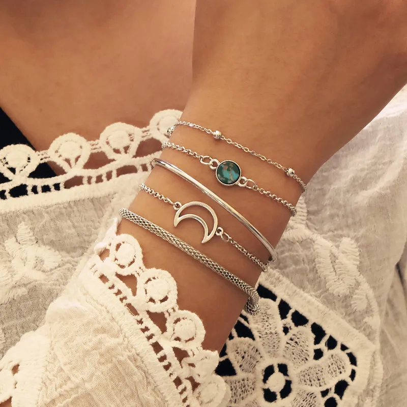 Женский браслет с полой луной Sindlan 5 шт. браслеты в богемном стиле голубым шармом