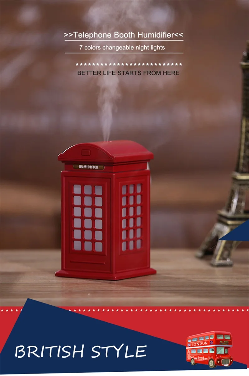 Portable USB Mini Humidifier Aroma Diffuser Creative Telephone Booth Design LED Night Light Ultrasonic Air for Car | Бытовая техника