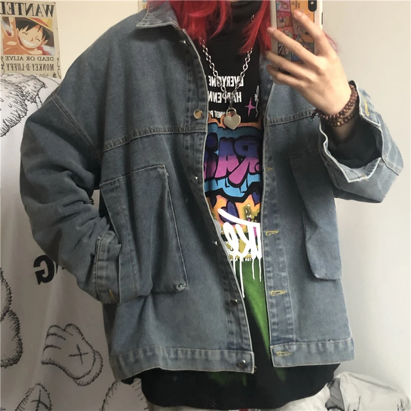 

vintage style autumn loose Harajuku pockets single breasted turn-down collar coats and jackets Korean Women's Clothing Female