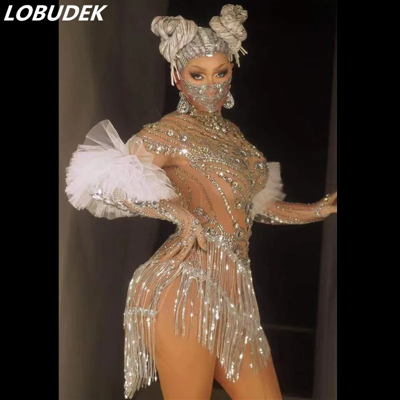 

Women DJ Singer Dancer Costume Silver Tassel Rhinestones Mini Dress Crystals Gloves Latin Pole Dancing Performance Fringe Outfit
