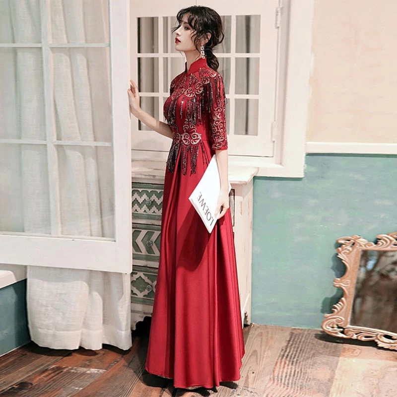 

Wine Red Chinese Evening Dress Long Cheongsam Gown Bride Oriental Wedding Gowns Girl Qipao Winter Annual Meeting Party Dresses