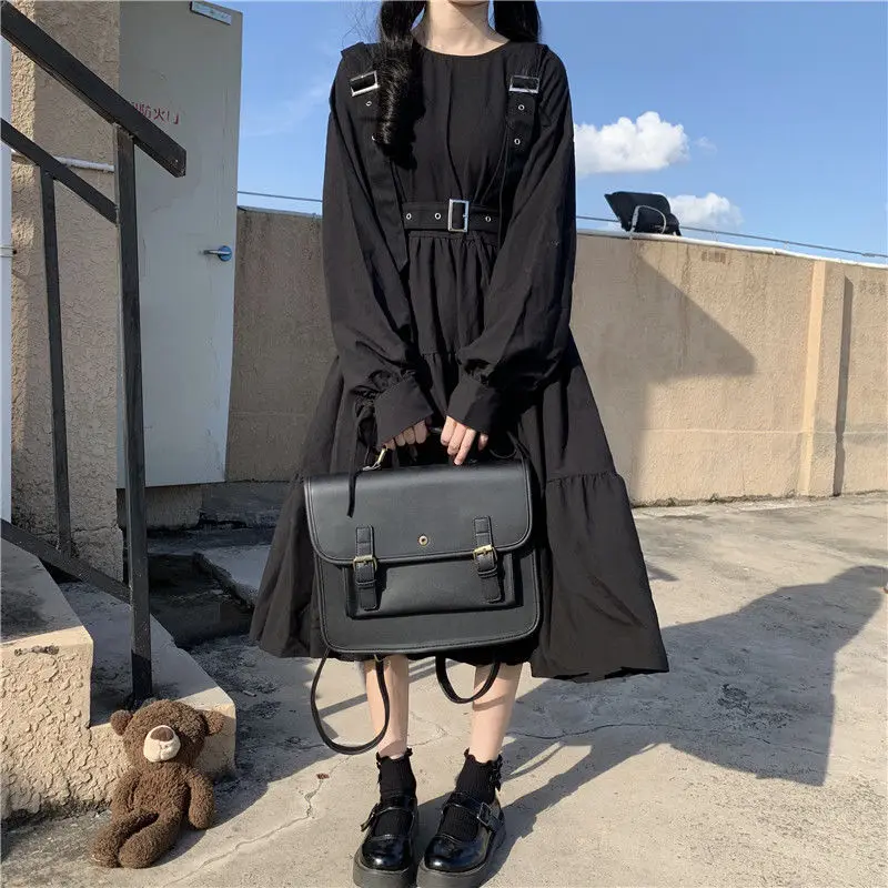 

2021Emo Mall Goth LUXSUNN Gotisk Dress Women's Harajuku Gothic Lolita Kawaii Robes Gothi Punk Cute Long Sleeve Black Mid-length