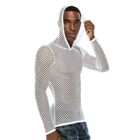 men hoodies undershirts sexy mesh see through long sleeve t shirts thongs g string fitness fishnets underwear fetish nightwear