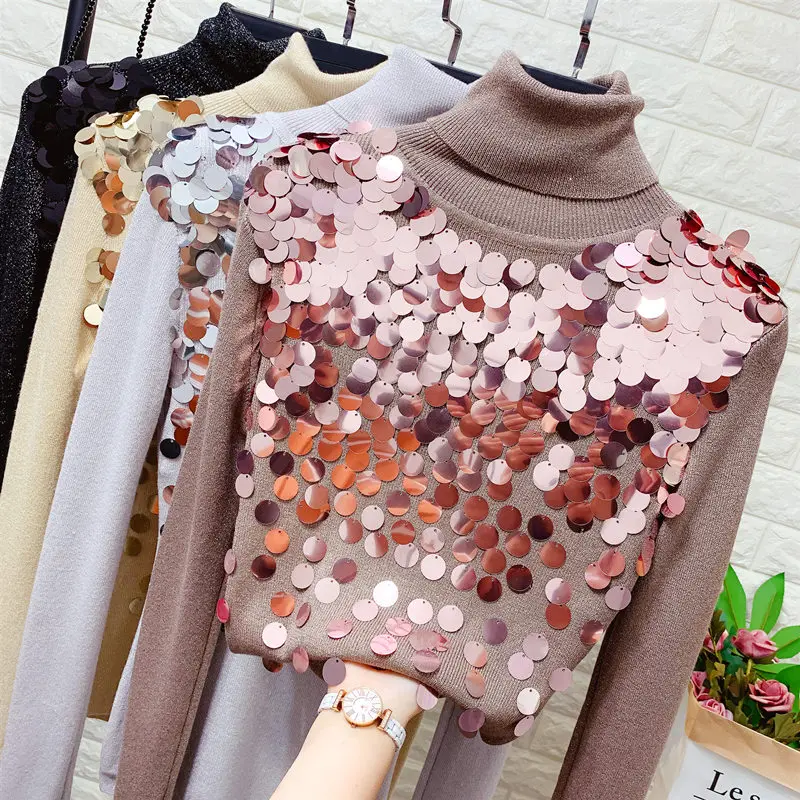 

Turtle Neck Sequined Sweater Women's Fall Winter Clothes Stretch Slim-Fit Sequin Knit Top Female Turtleneck Jumper Pull Femme