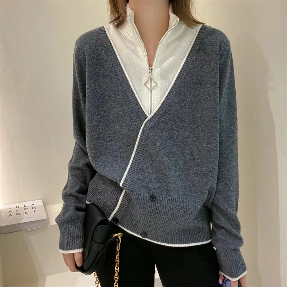 

Alien Kitty Wool Mock Neck Patchwork Women Pullover Sweaters Fake Two Piece Autumn Warm OL New Casual All Match Knitted Jumpers