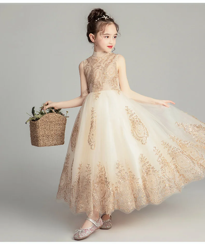 Golden Sequin Lace Girl Wedding Dress Long Flower Girl Dress Princess Party First Communion Gown Baby Girl Baptism Pageant Gown