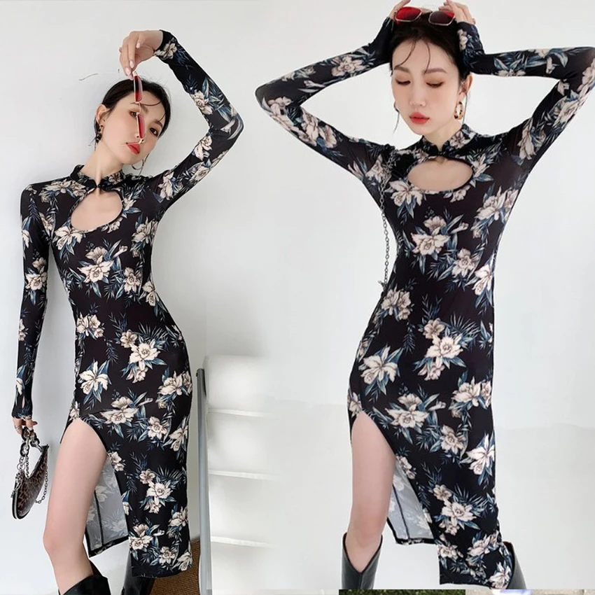 Платье в китайском стиле традиционное пикантное облегающее тонкое винтажное