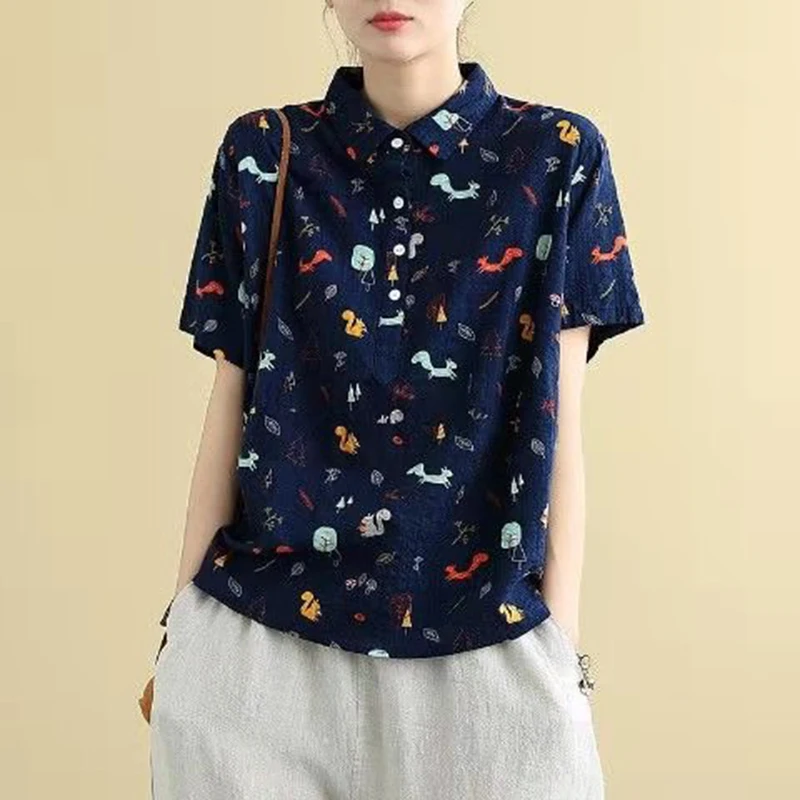 

2021 New Arrival Summer Women Loose Casual Short Sleeve Turn-down Collar Blouse All-matched Button Cotton Linen Print Shirt W28