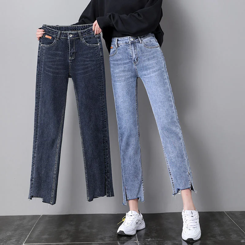 

Прямые женские джинсы прямого покроя, цельные свободные потертые дымчатые укороченные брюки с высокой талией, лето 2021