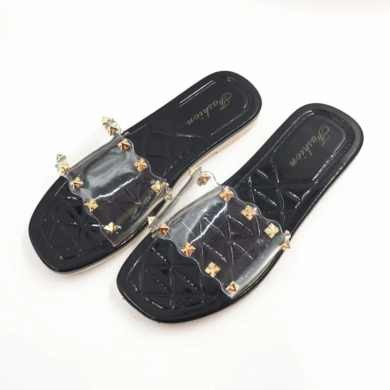 Модные женские шлепанцы на плоской подошве весенняя обувь из ПВХ для платьев и