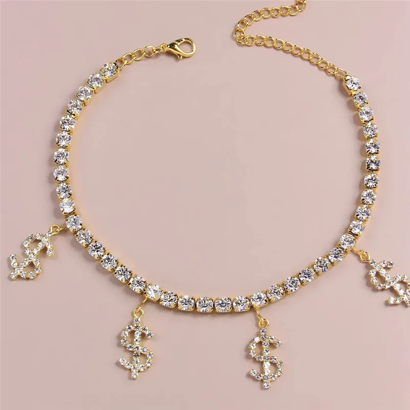 

KA38F-3 Rhinestone Dcor Dollar/Butterfly Dangle Anklet for Women Summer Beach Foot Jewelry Accessories Money Tennis Cash Anklet