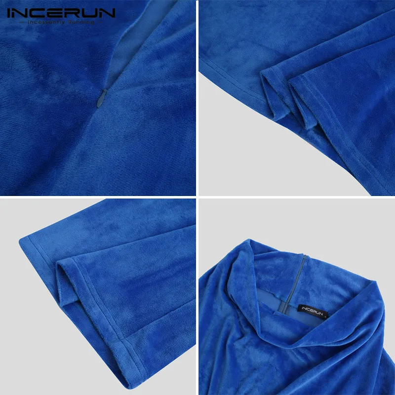 

Loose Solid Color Soft Bathrobes INCERUN Men Sleep Robes Long Sleeve Turtleneck Sleepwear Man Cozy Zipper Nightgown Homewear 5XL