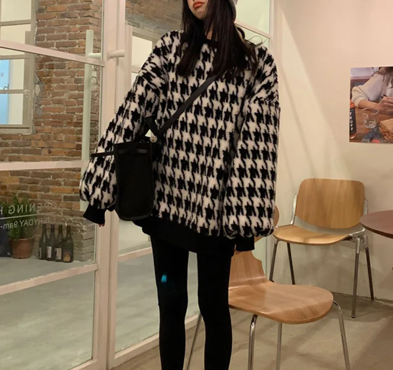 

Loose Contrast Color Thousand Bird Check Lamb Wool Sweater Women's Autumn and Winter Medium Length Outer Long Sleeved